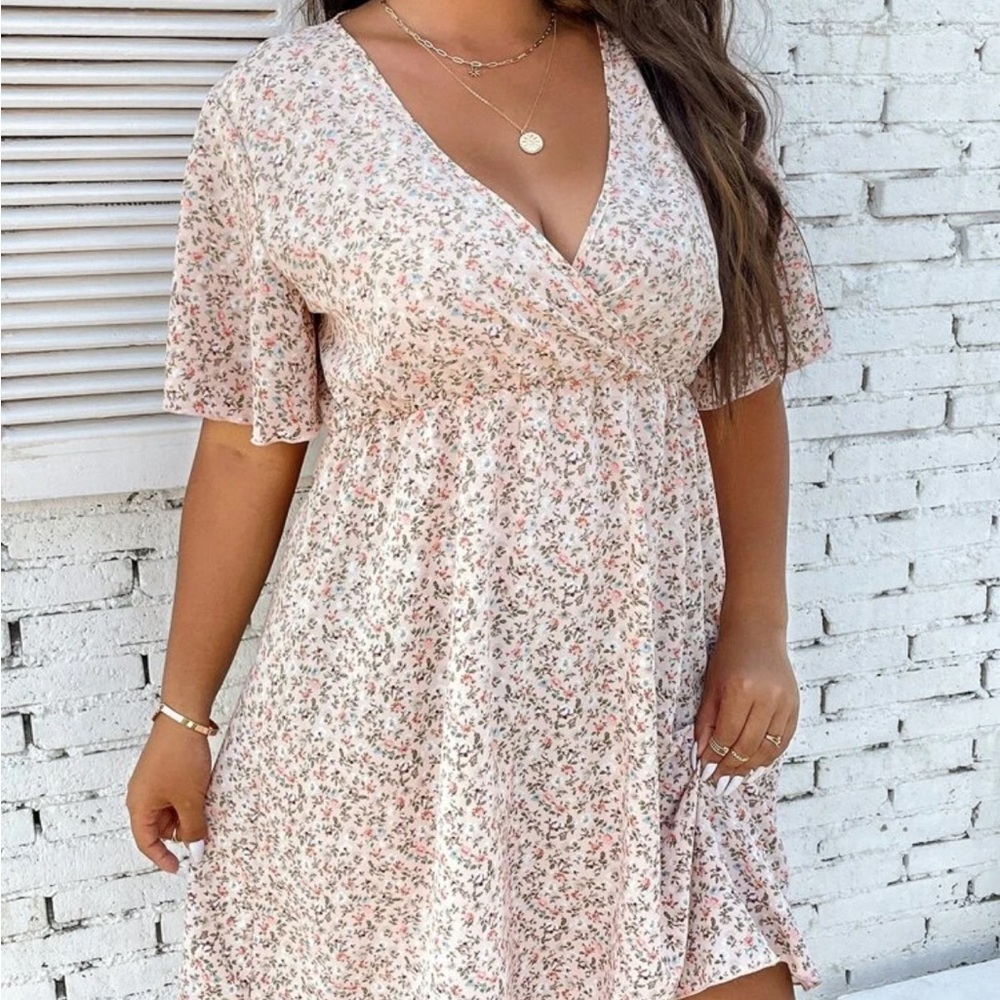 Floral Print Deep V Neck Dress - Multicolor Pink